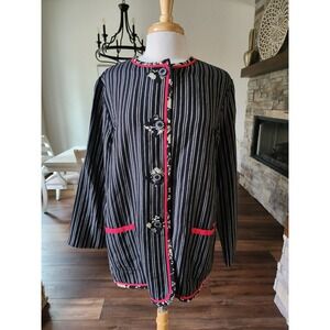 Koos of Course! Linen Blend  Reversible Stripe‎ Kimono Jacket L Floral Trim
